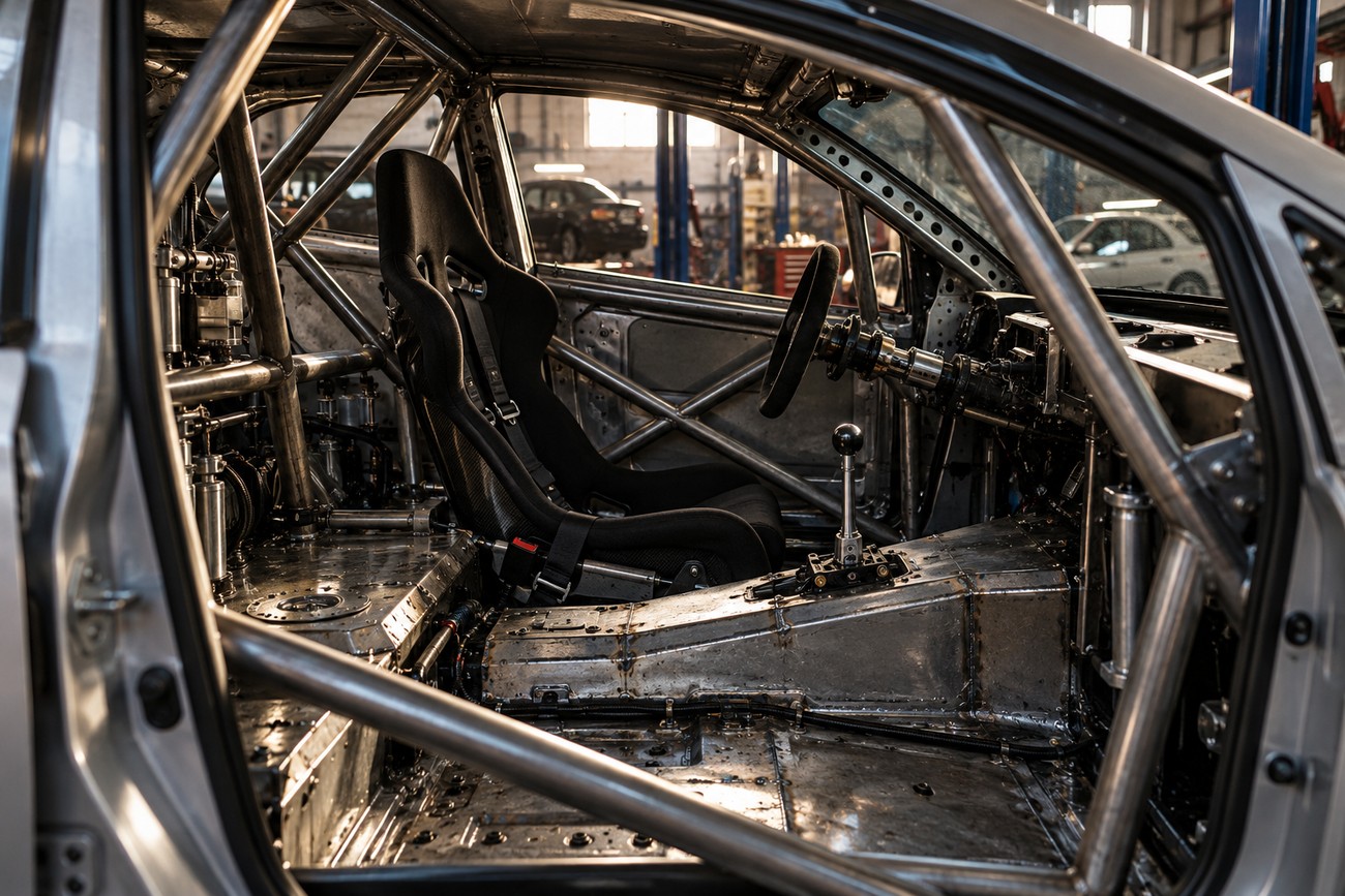 Stripped interior of a modified Toyota Prius featuring a custom welded roll cage and a racing bucket seat inside a garage