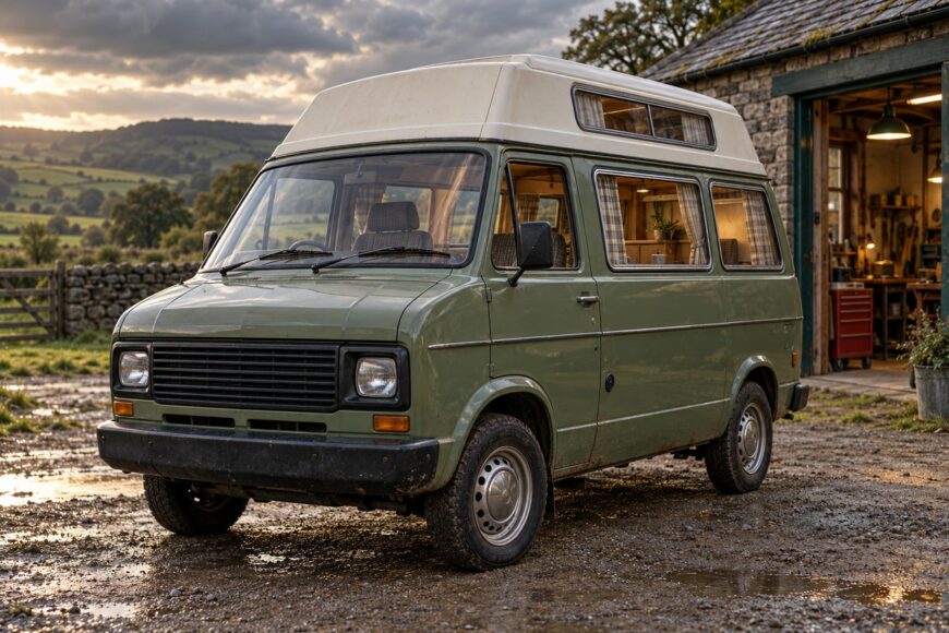 A vintage green Bedford CF camper van with a raised roof parked on a muddy ground near a stone garage