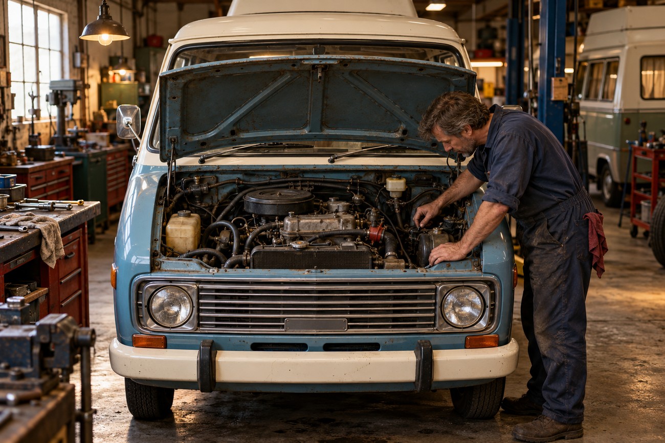 A mechanic in overalls inspecting the open engine bay of a vintage Bedford CF camper van in a workshop