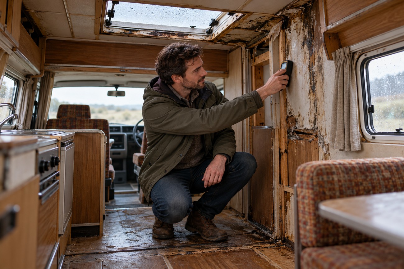 A man crouching inside the damaged interior of a classic Bedford CF camper checking the wall with a tool