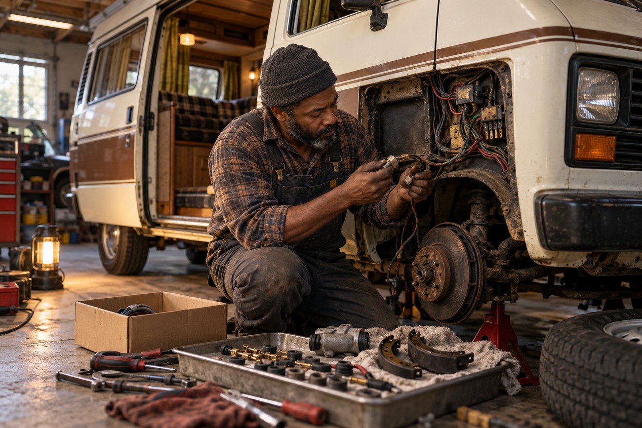 A mechanic in overalls repairing the wiring of a vintage Bedford CF camper van in a workshop