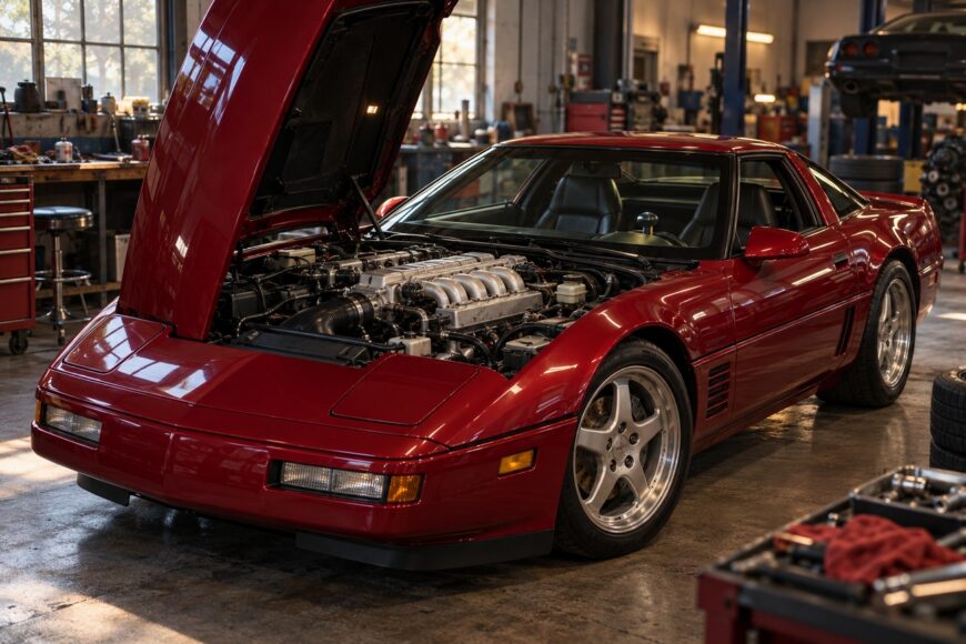 Red Chevrolet Corvette ZR-1 C4 sports car with its hood open inside a professional garage