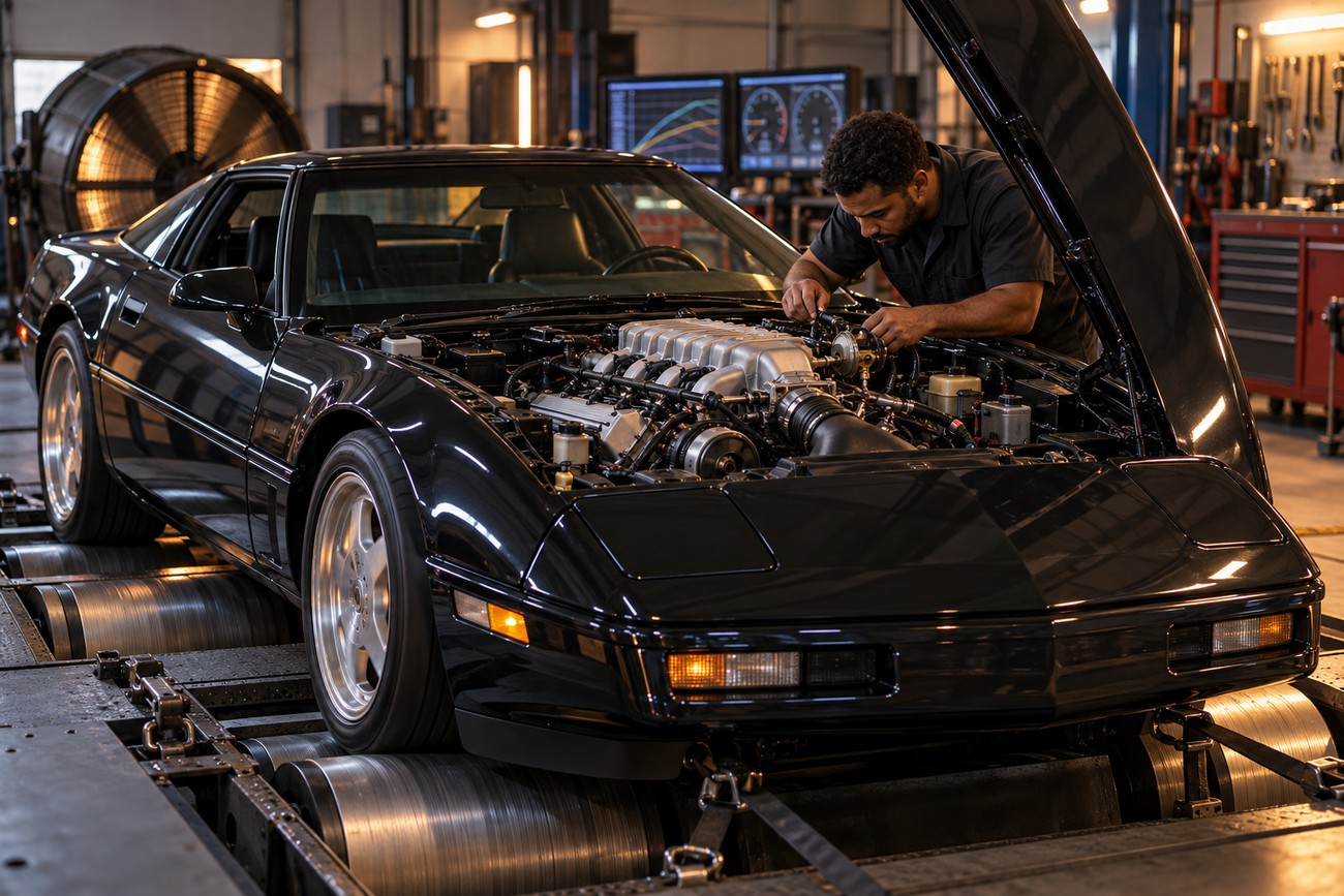 Mechanic working on the LT5 engine of a black Chevrolet Corvette ZR-1 C4 on a dyno