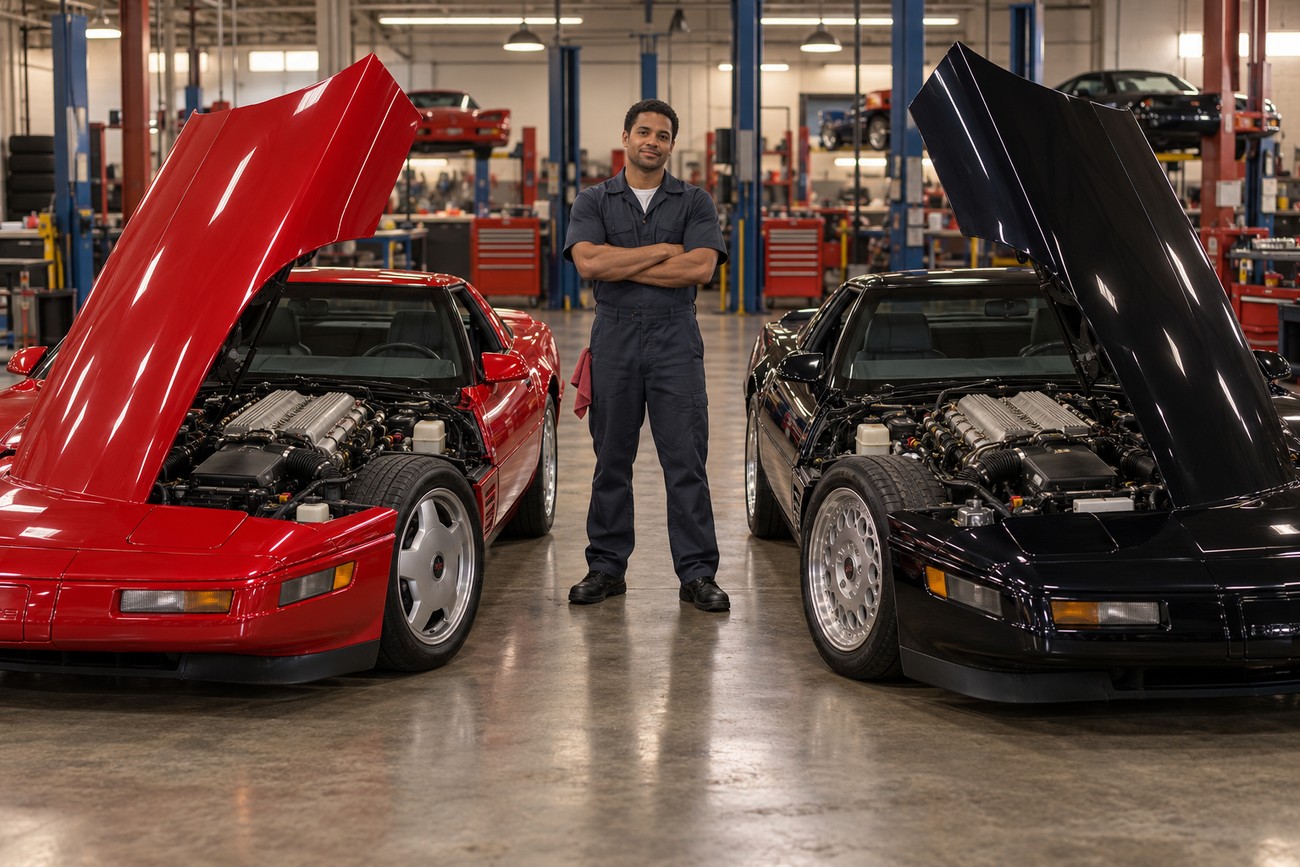 A confident mechanic standing with arms crossed between a red and a black Corvette ZR-1 C4 with open hoods in a service garage