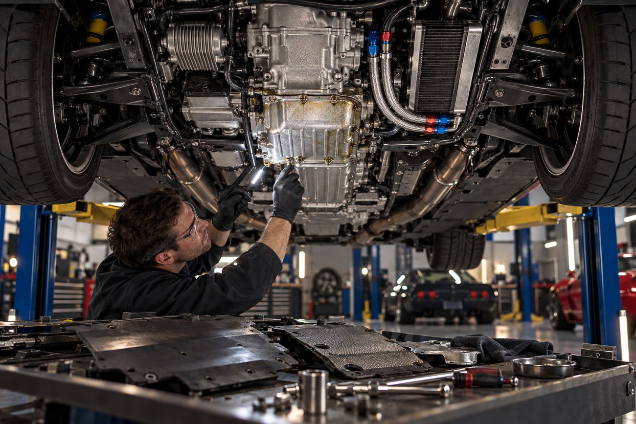 Mechanic in gloves inspecting the undercarriage of a Corvette ZR-1 C4 lifted in a professional garage