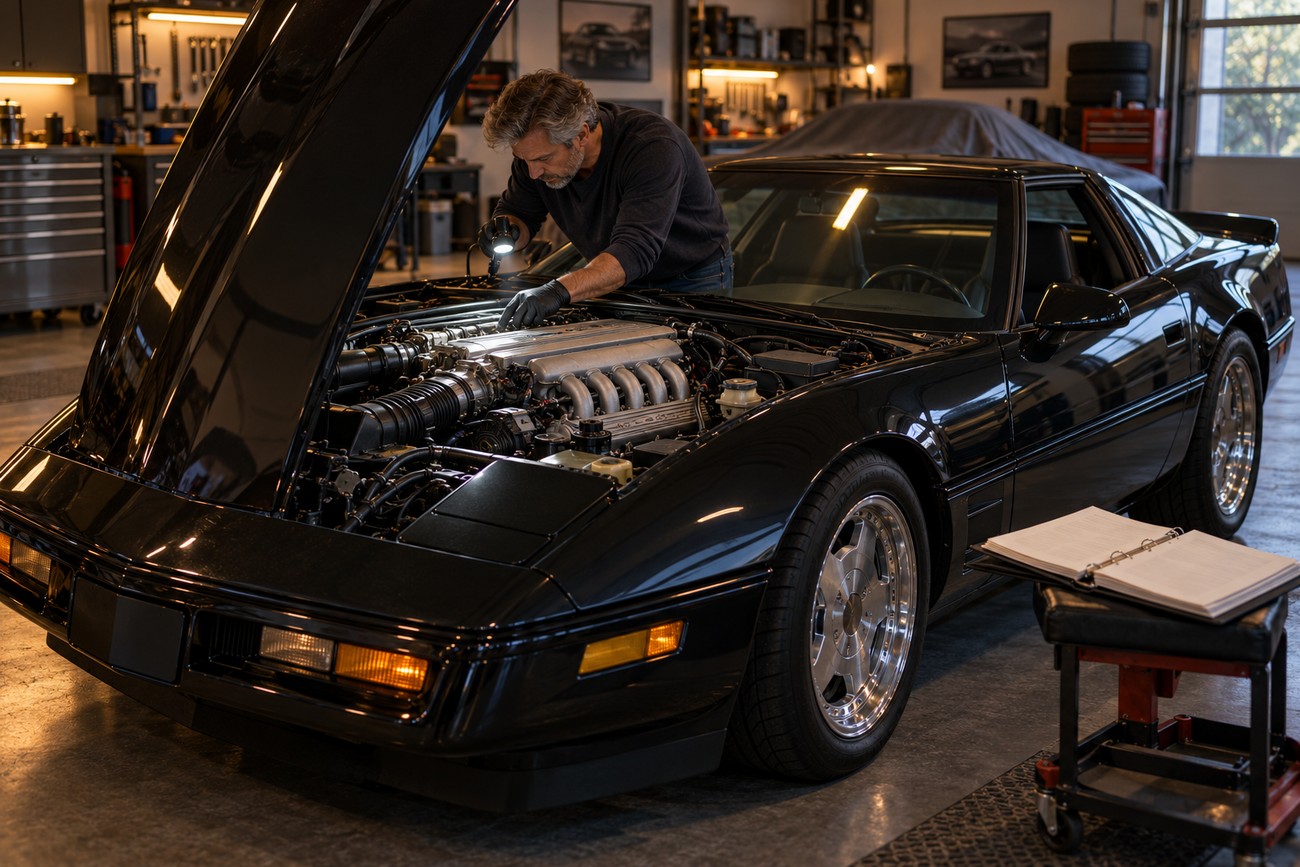 A mechanic working on the LT5 engine under the open hood of a black Corvette ZR-1 C4 sports car in a garage