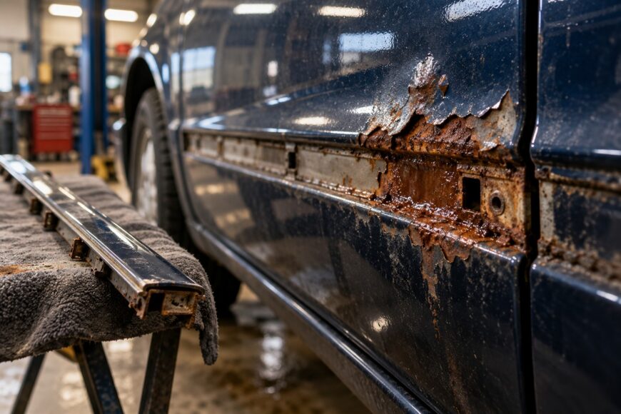 Close-up of severe bubbling rust and corrosion on a dark blue car door beneath a removed trim piece in a garage
