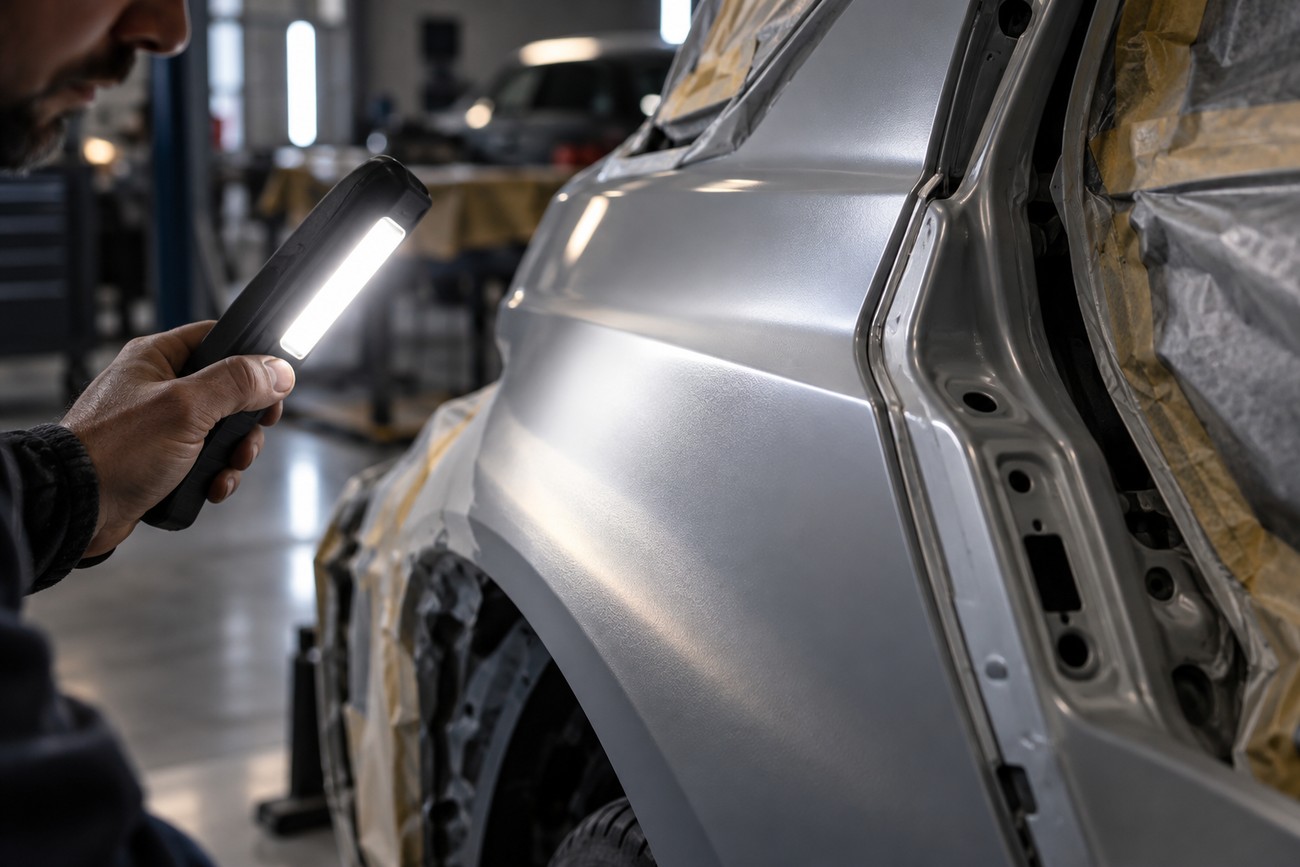 A mechanic holding an LED inspection light close to the primed silver body of a car in a workshop
