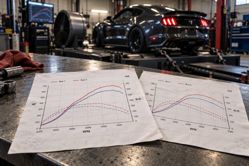 Two printed dyno graph sheets with horsepower and torque curves lying on a workshop table with a dark sports car secured on a dyno machine in the background
