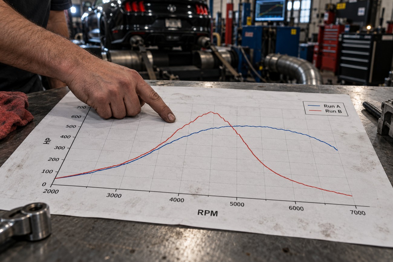 A mechanic pointing at a printed dyno sheet graph showing horsepower and RPM curves with a car on a dynamometer in the background