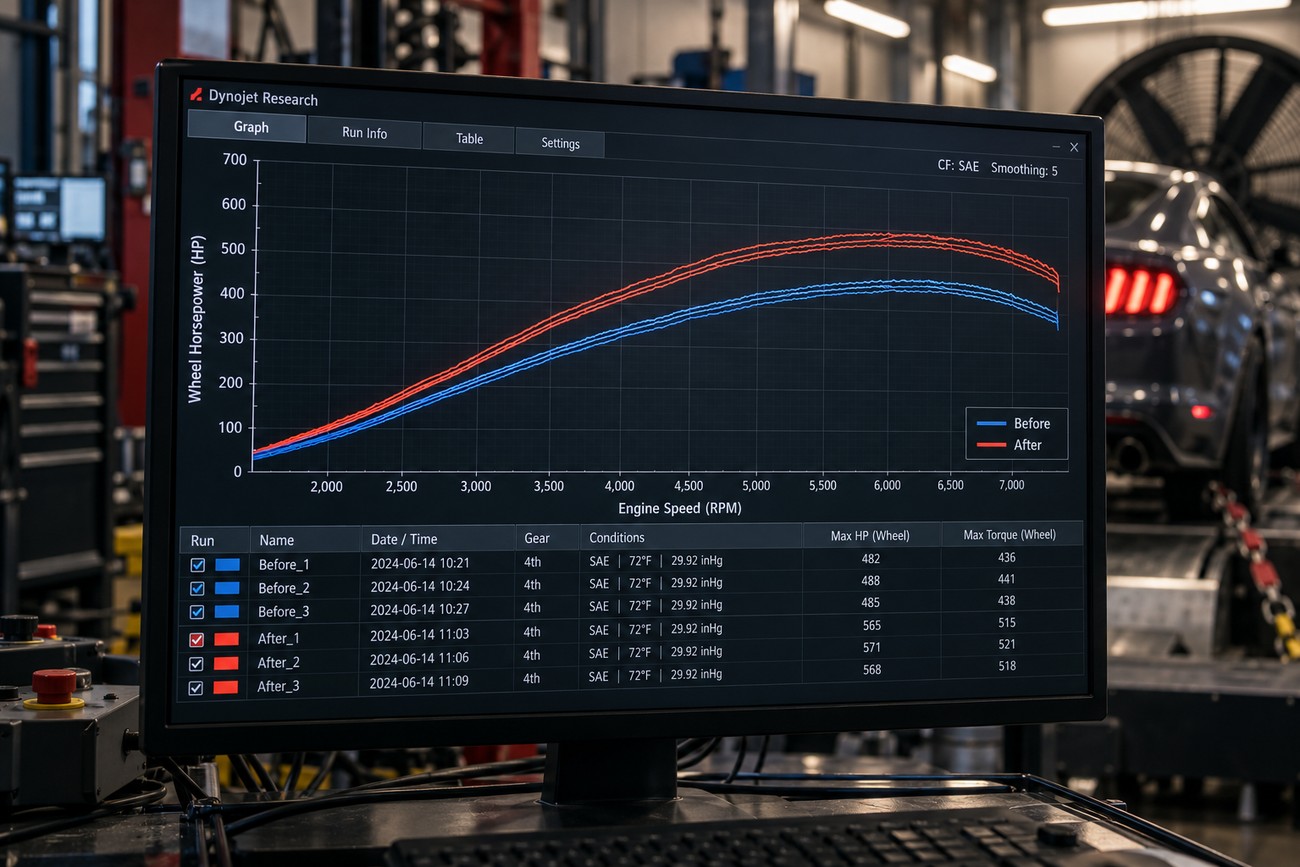 Computer monitor displaying a dyno sheet graph with horsepower and torque curves in a tuning shop