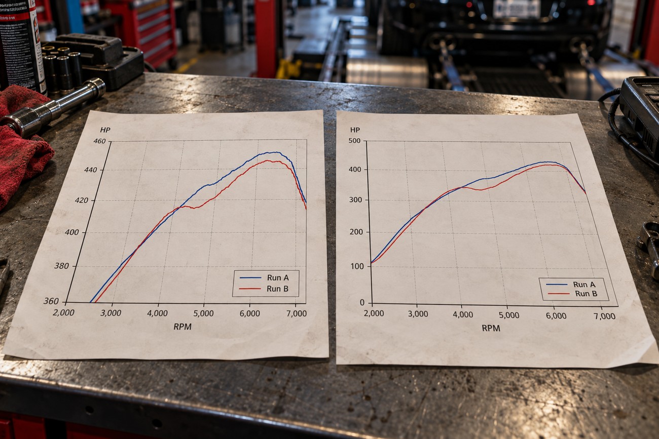 Two printed dyno sheets showing horsepower and RPM graphs lying on a metal workbench in a garage with a car on a dynamometer in the background