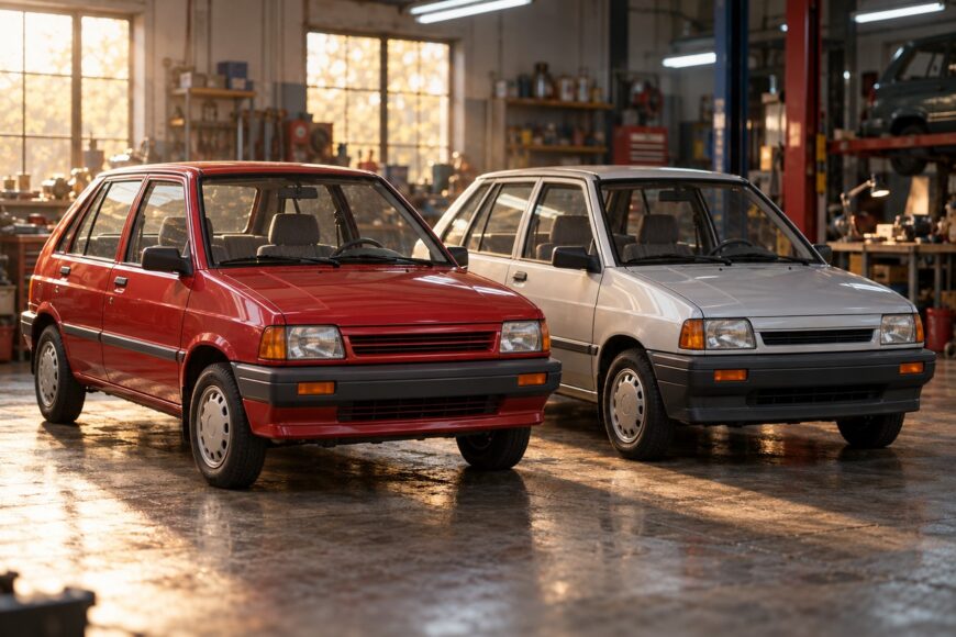 A red Kia Pride and a silver Ford Festiva parked side by side in a dimly lit garage workshop