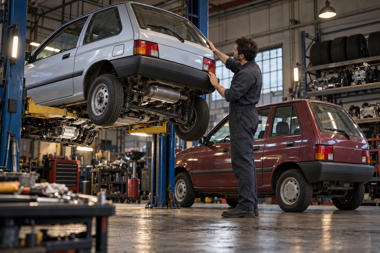 A mechanic in overalls inspects a silver Kia Pride on a hydraulic lift inside a busy auto repair shop next to a red Ford Festiva