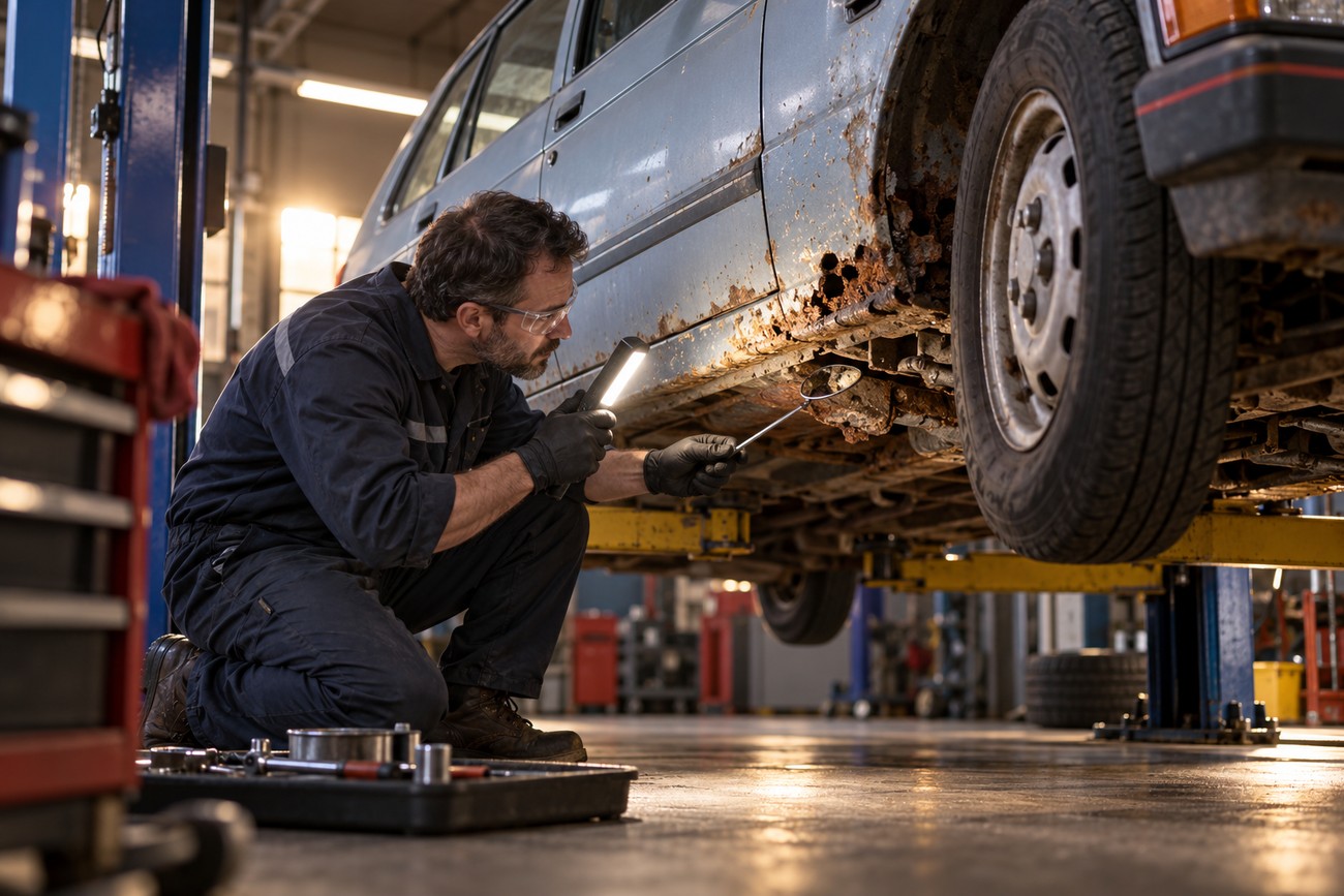 Mechanic with a flashlight and mirror inspecting severe rust on the undercarriage of a Kia Pride in a workshop