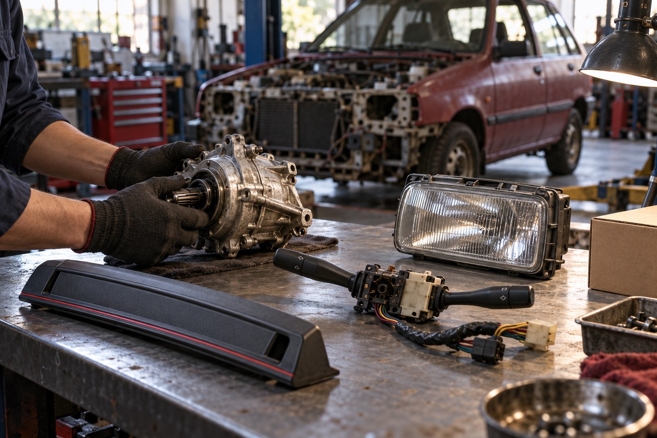 Mechanic wearing gloves inspects a Kia Pride car component at a workshop workbench with spare parts and a disassembled car in the background