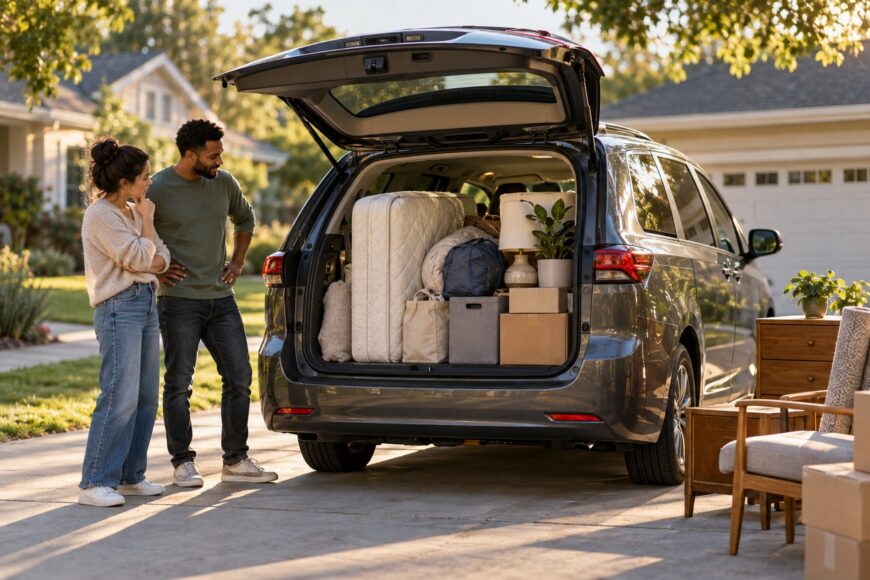 A man and a woman looking at the open trunk of a Toyota Sienna loaded with boxes and a mattress