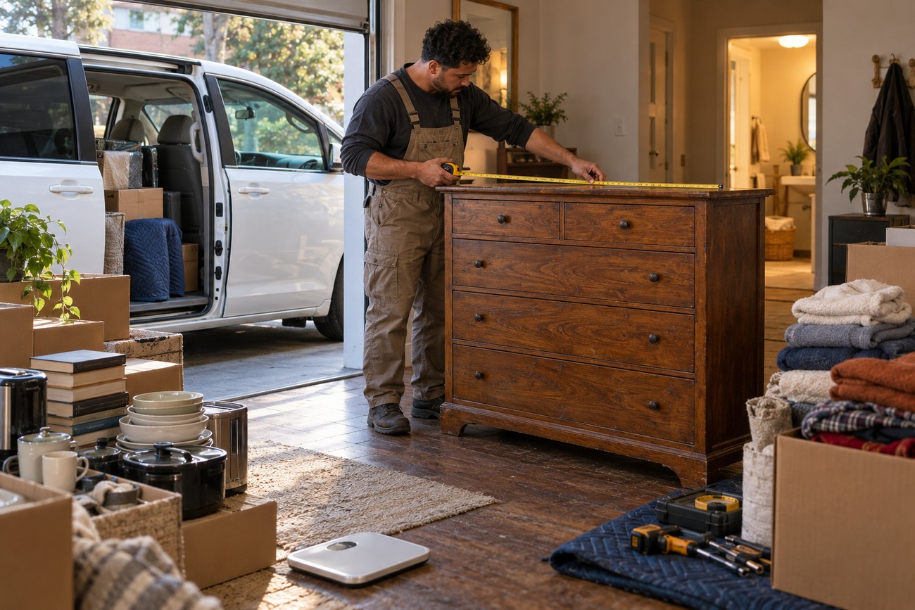 A man in overalls uses a tape measure on a wooden dresser inside a garage packed with moving boxes and a white Toyota Sienna minivan