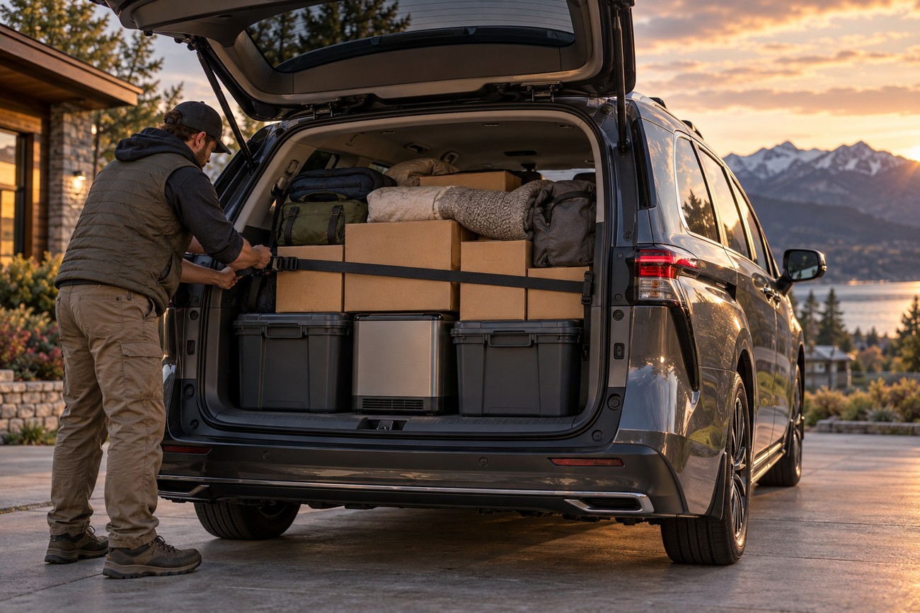 Man securing cargo straps around moving boxes and storage bins loaded in the trunk of a Toyota Sienna minivan