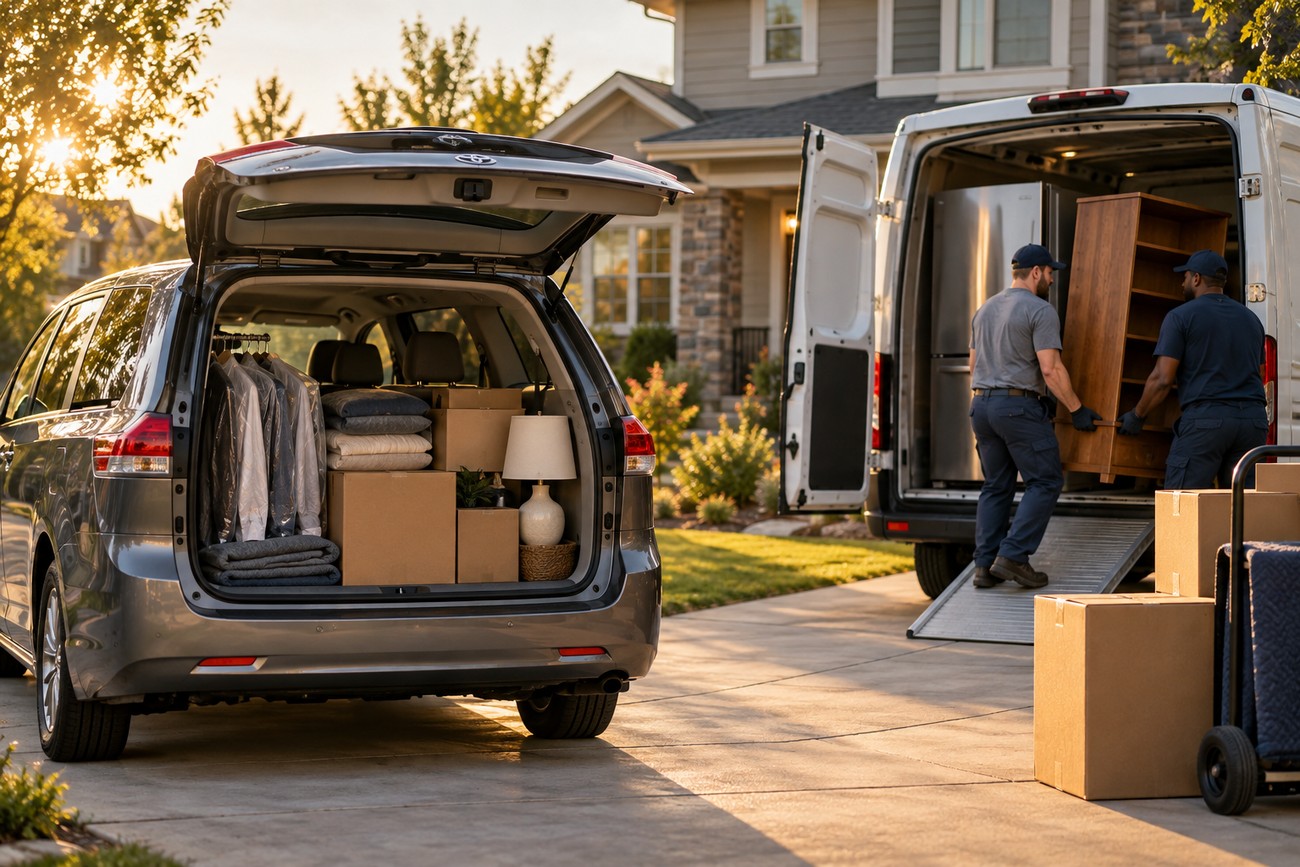 A gray Toyota Sienna minivan packed with cardboard boxes, folded clothes, and a lamp in its open trunk parked in a driveway
