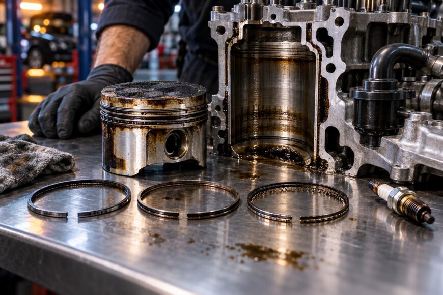 Mechanic in black gloves examining a dirty engine piston and worn piston rings laid out on a metal workbench next to an engine block