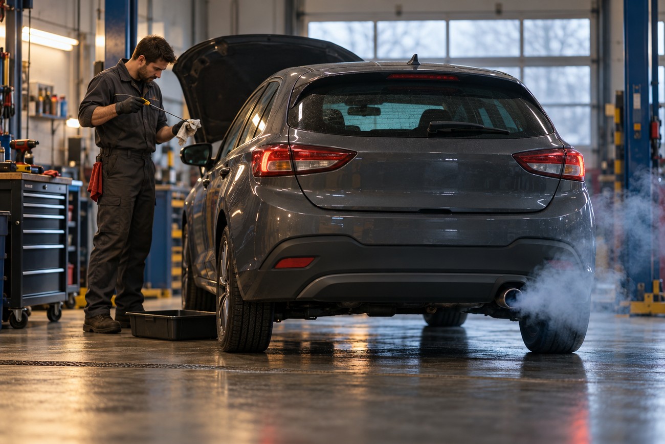 Mechanic inspecting a car engine in a garage with thick white smoke coming out of the exhaust pipe