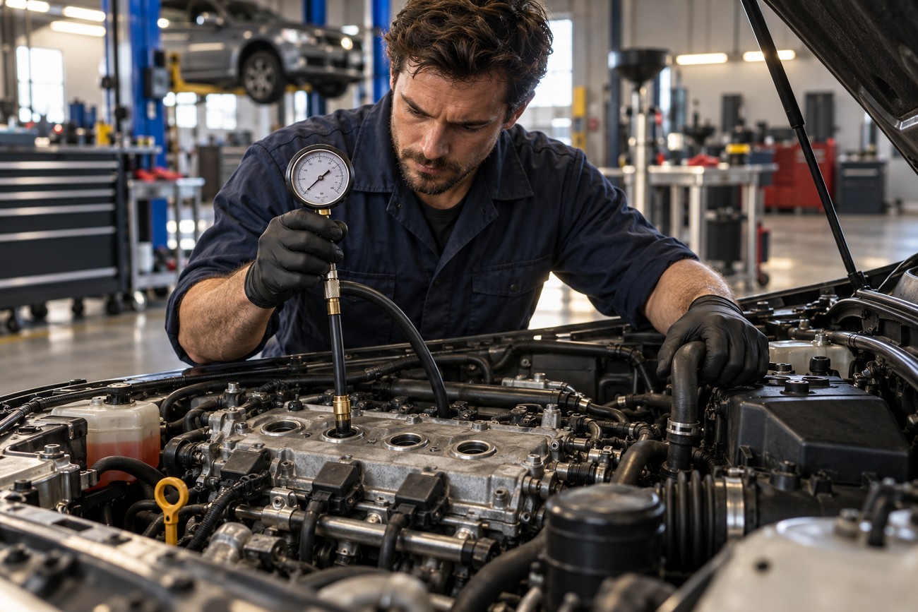 Mechanic wearing black gloves uses a compression gauge to test engine cylinders in a repair shop