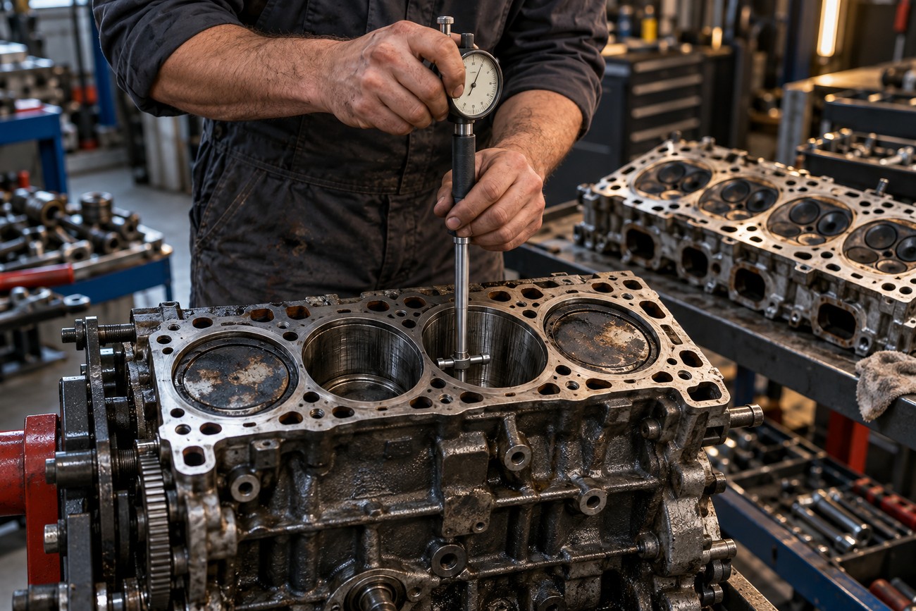 Mechanic using a dial bore gauge to measure cylinder wear on an engine block in a workshop