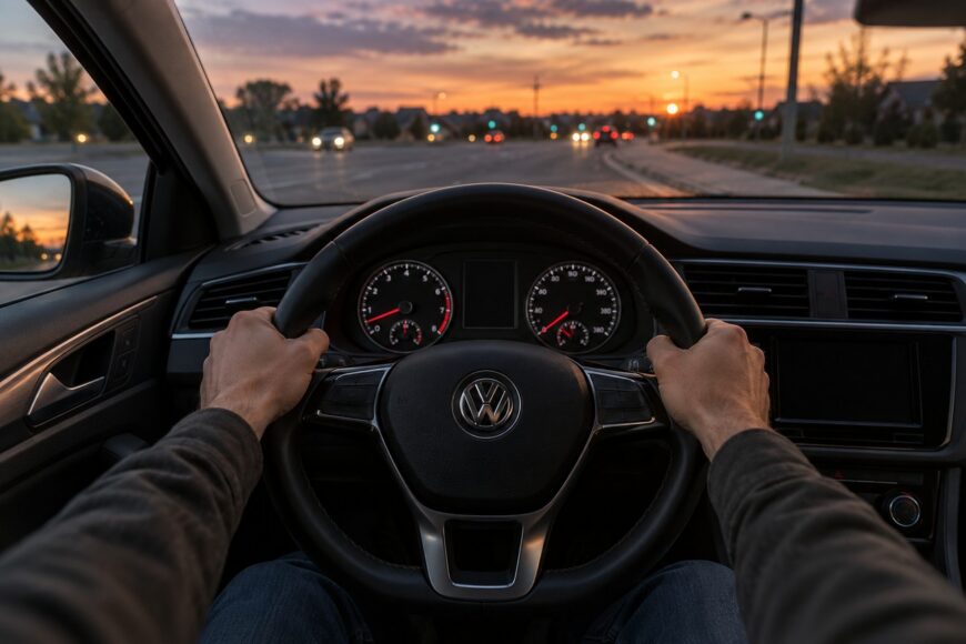 Driver holding the steering wheel of a Volkswagen Jetta while driving on a road during a sunset