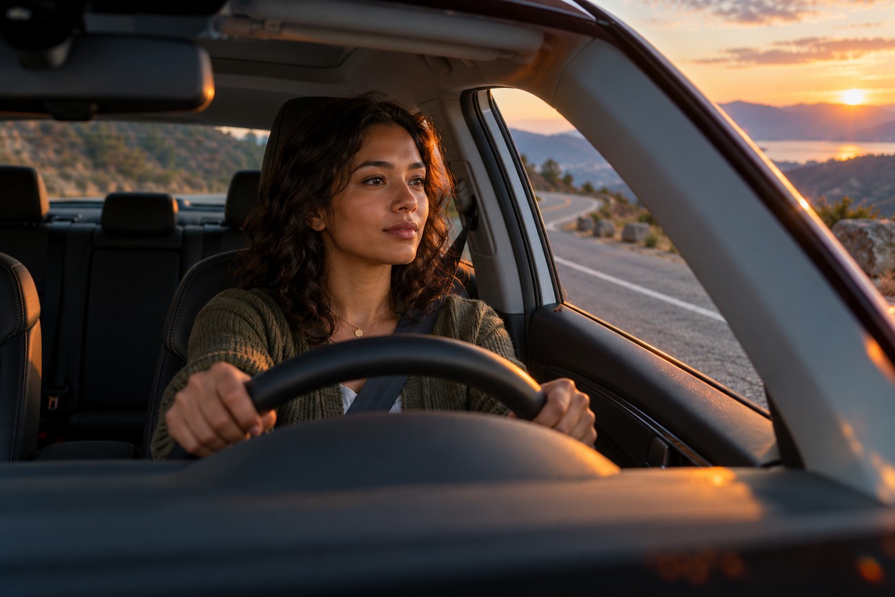 A concentrated woman holding the steering wheel while driving her VW Jetta along a winding road at sunset