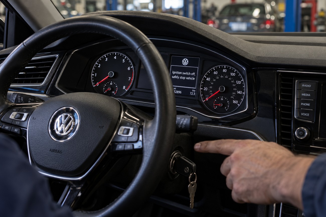 Driver trying to turn the ignition key in a Volkswagen Jetta with a warning message on the dashboard display