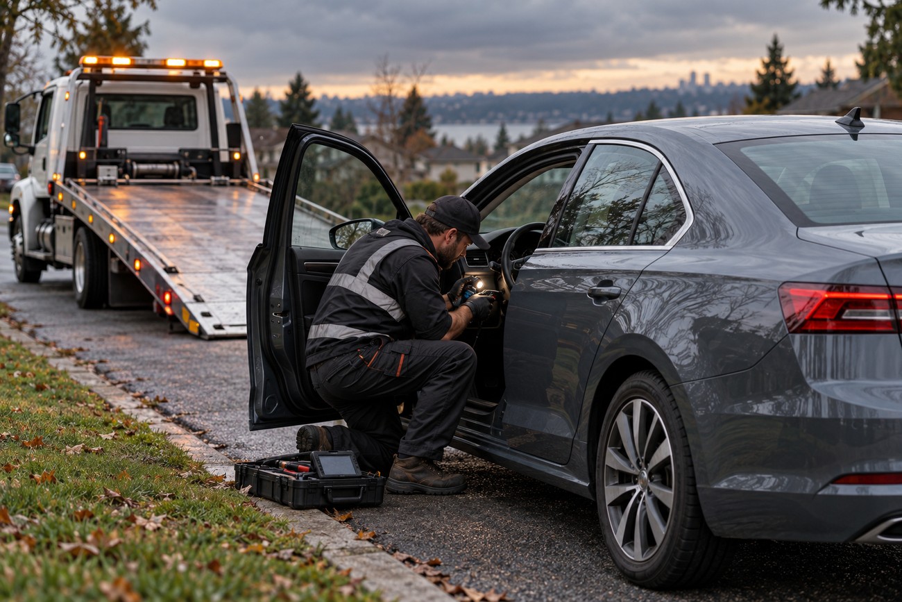 A mechanic inspects the steering column of a grey VW Jetta parked on the roadside with a tow truck waiting behind