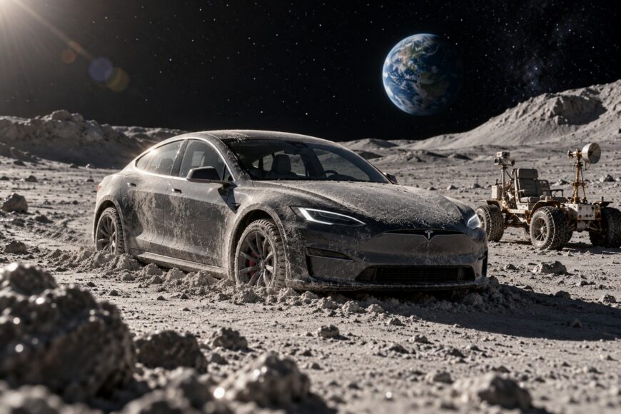 A dark Tesla Model S Plaid covered in dust drives on the moon surface with a lunar rover and Earth in the background