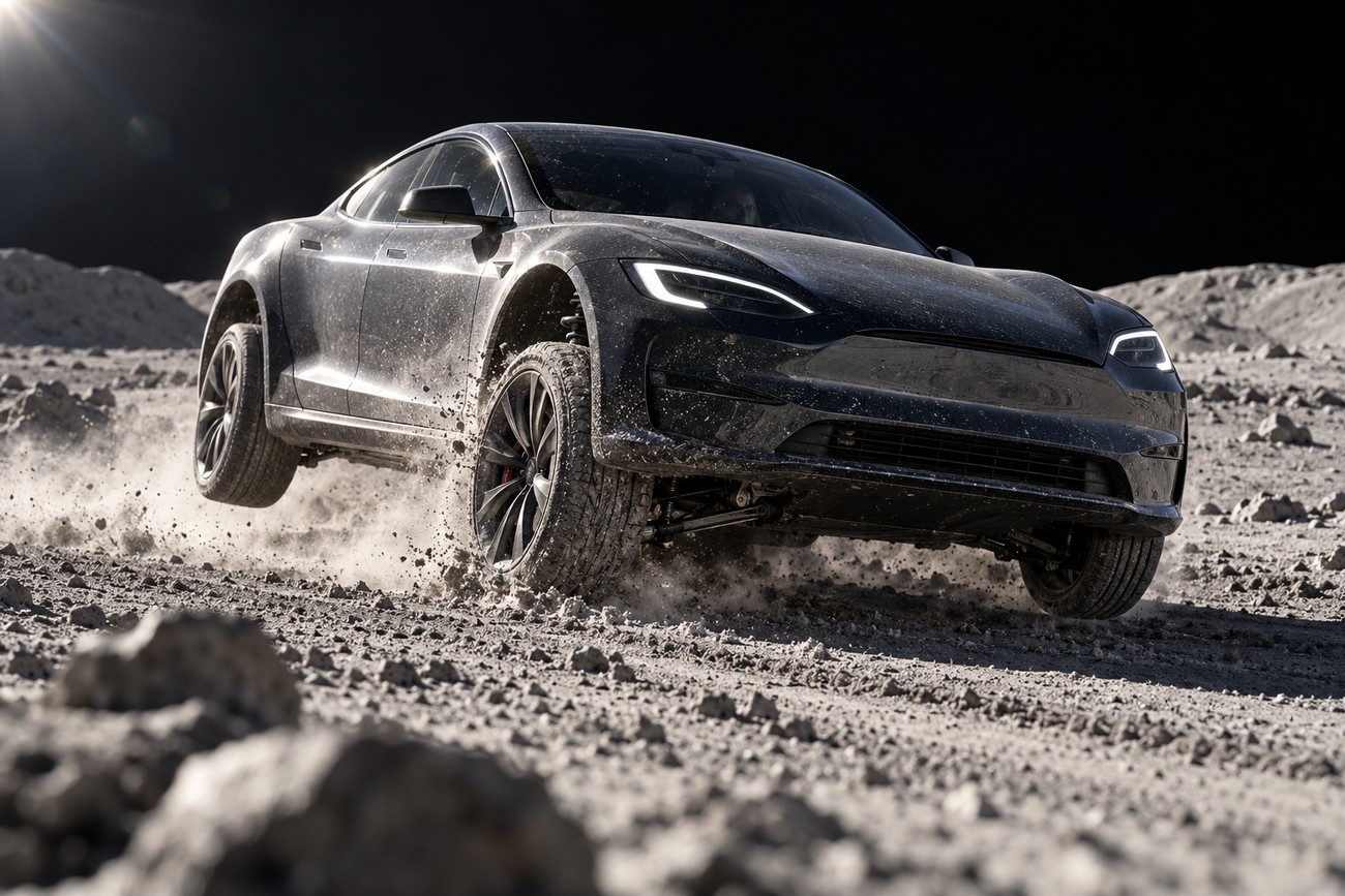 Modified Tesla Model S Plaid racing and kicking up lunar dust on the rocky surface of the Moon