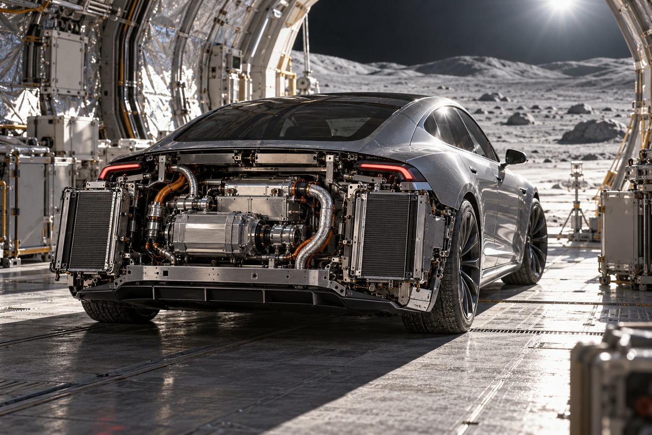 Rear view of a Tesla Model S Plaid with exposed electric powertrain parked inside a lunar base hangar facing the Moon surface