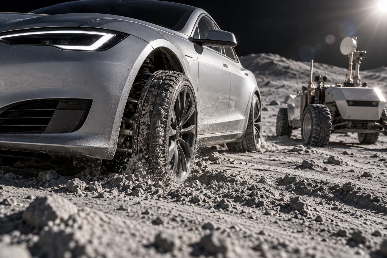 Silver Tesla Model S Plaid driving on the dusty lunar surface with a robotic rover in the background