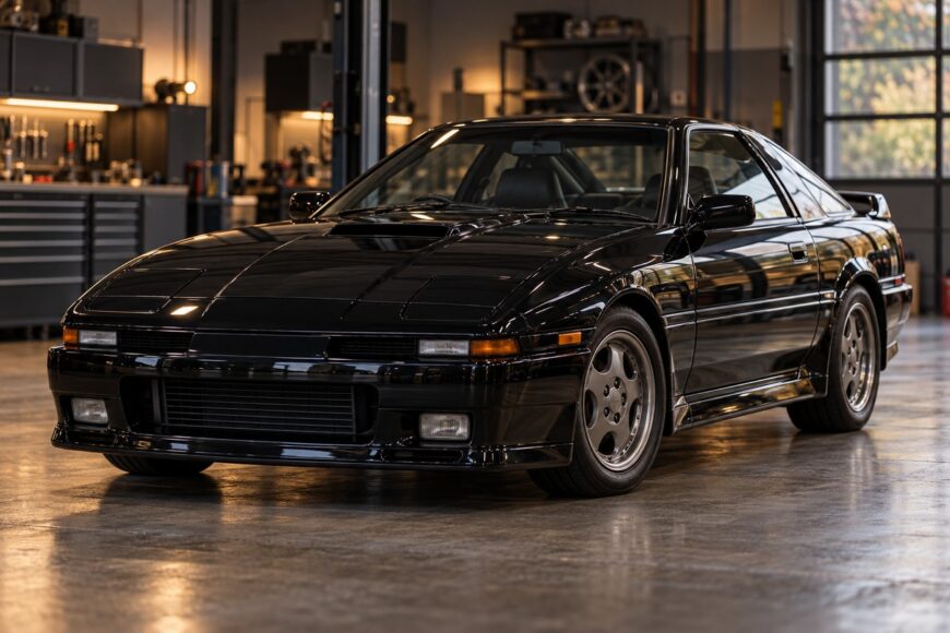 A sleek black Toyota Supra Turbo A sports car parked on a polished concrete floor inside a garage