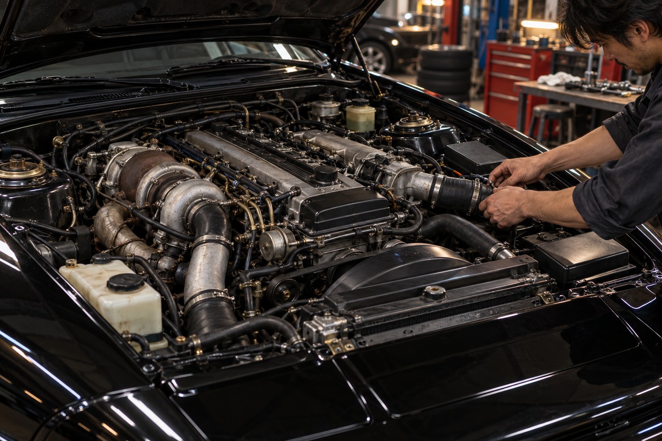 A mechanic adjusts components in the turbocharged engine bay of a classic black Toyota Supra Turbo A