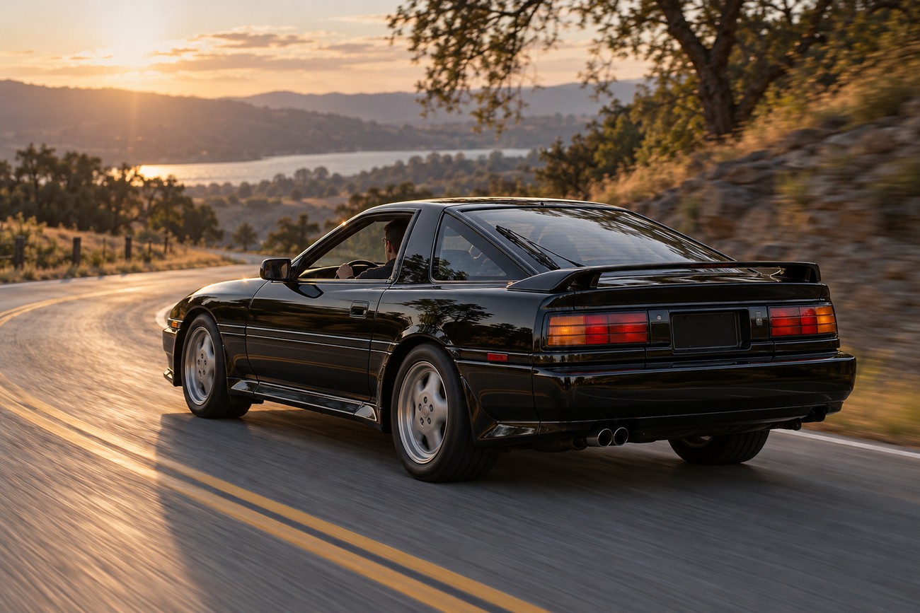 Black Toyota Supra Turbo A driving on a winding coastal road at sunset