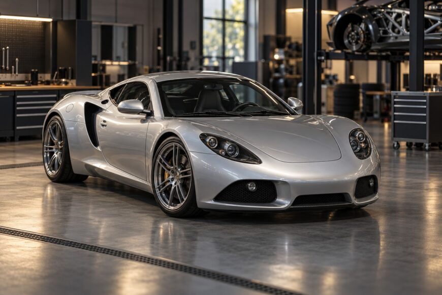 A silver Artega GT sports car parked on a concrete floor inside a bright modern automotive workshop
