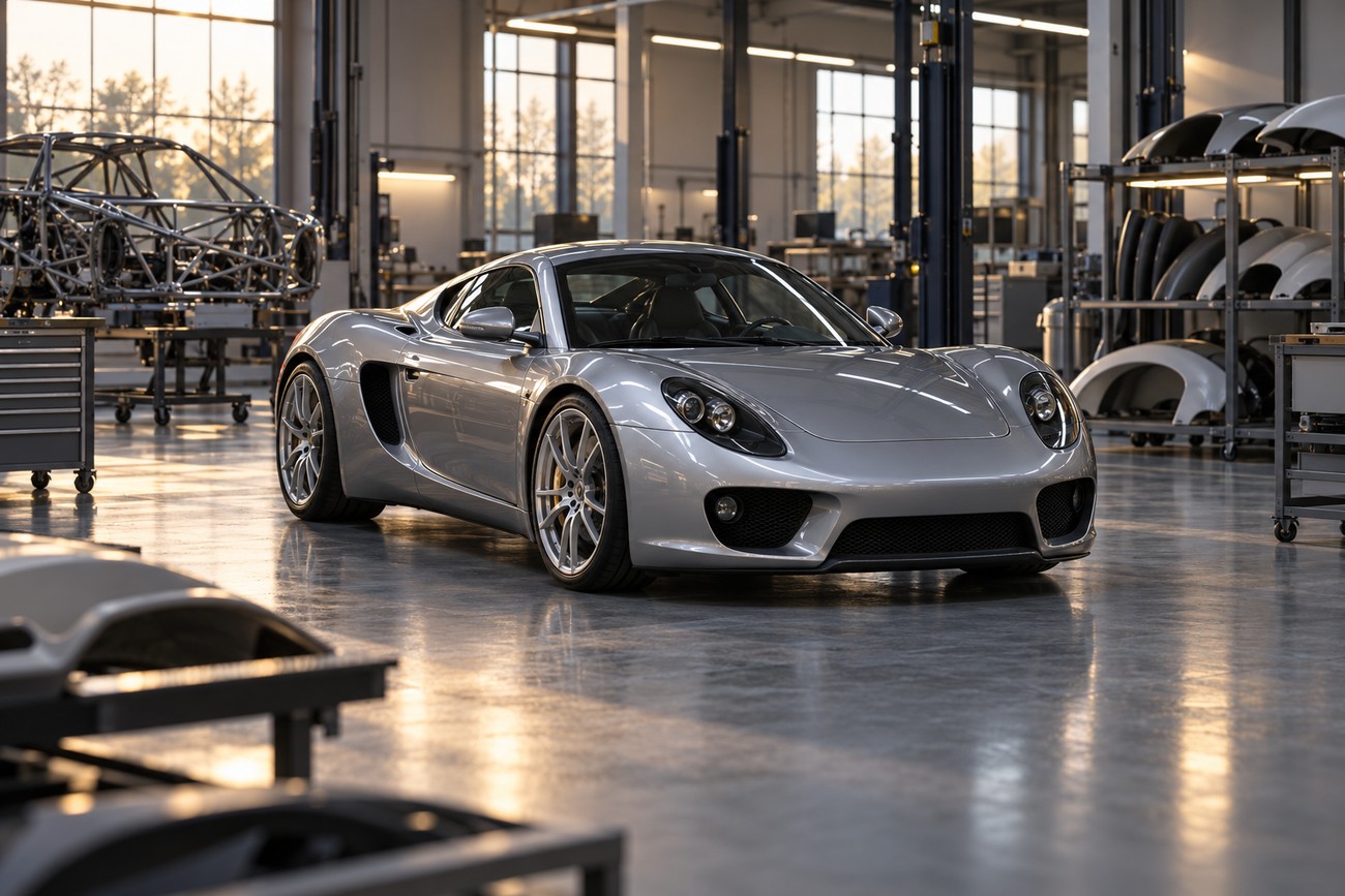 A silver Artega GT sports car parked on the glossy floor of a bright automotive assembly plant with car parts on shelves in the background