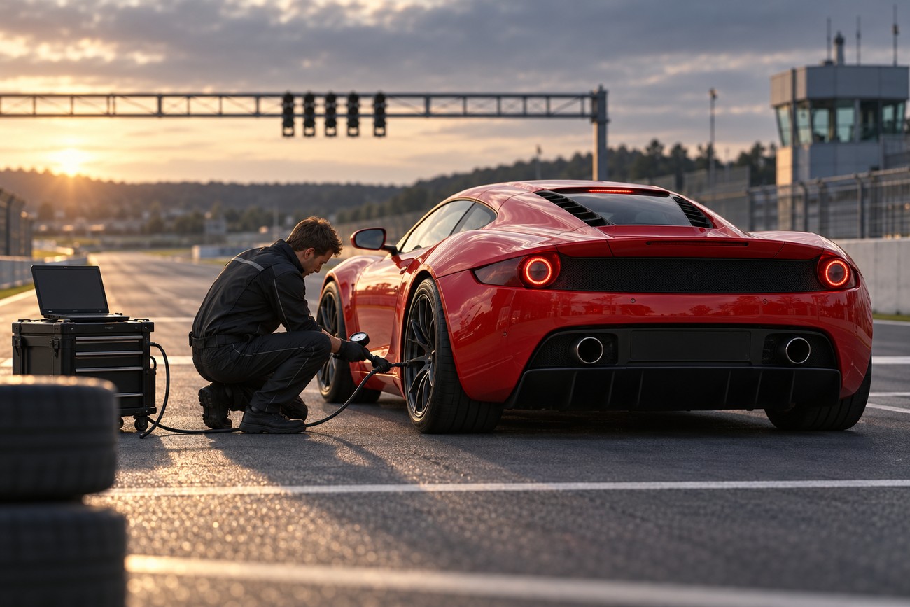 A mechanic in black overalls checks the tire pressure of a red Artega GT sports car on a racetrack pit lane at sunset