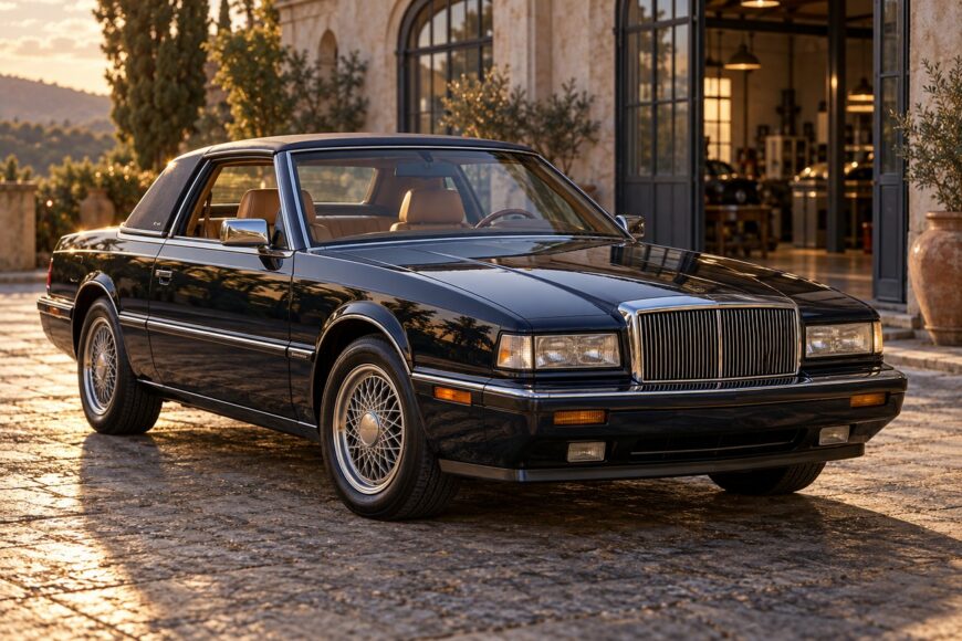 A black Chrysler TC by Maserati luxury roadster with a hardtop parked on a stone driveway in front of a rustic building during golden hour
