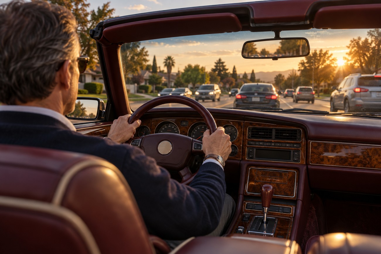 A driver holding the wood-rimmed steering wheel inside the maroon leather interior of a classic Chrysler TC by Maserati roadster driving during sunset