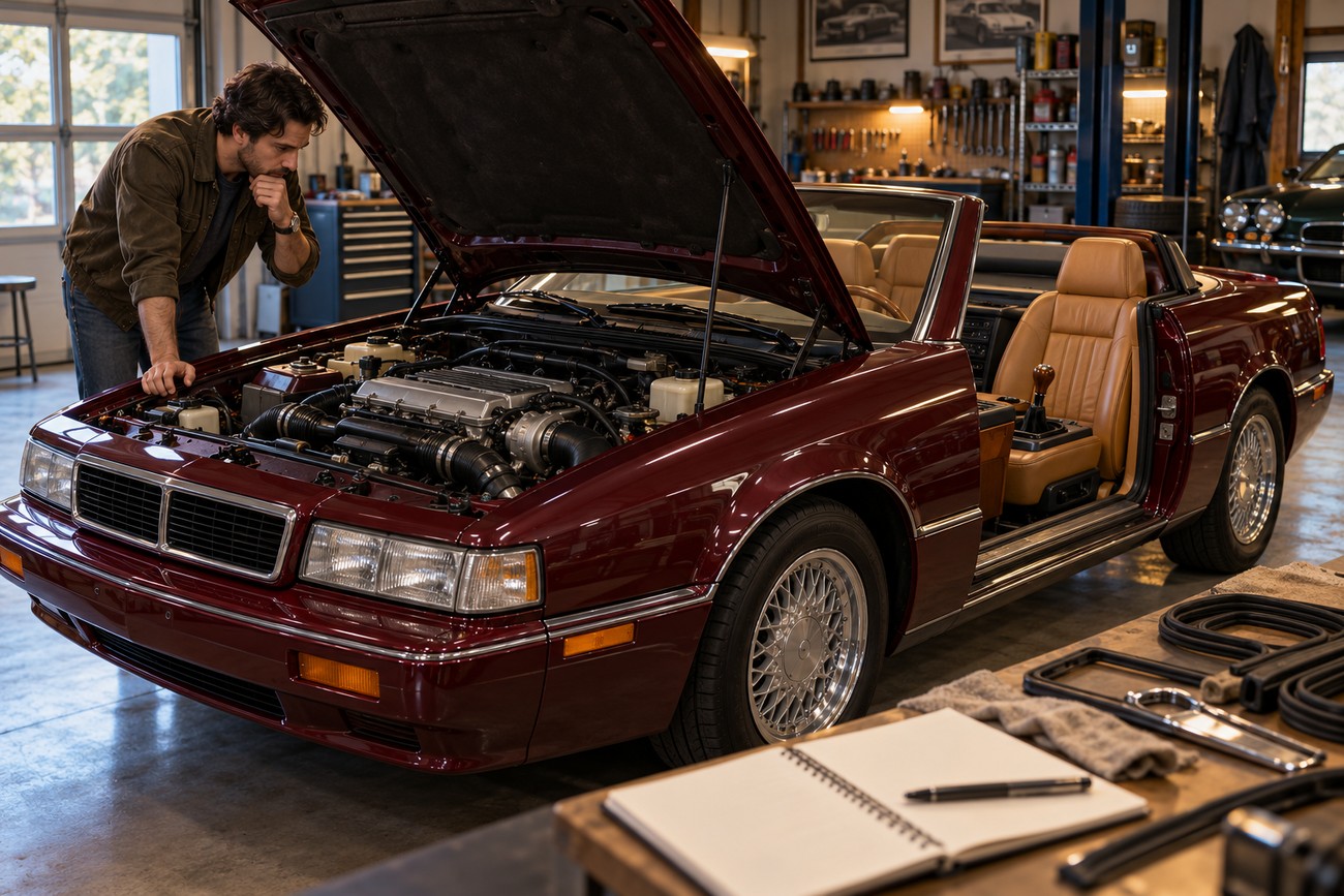 A man in a garage leaning over to inspect the open engine bay of a maroon Chrysler TC by Maserati roadster with a tan interior