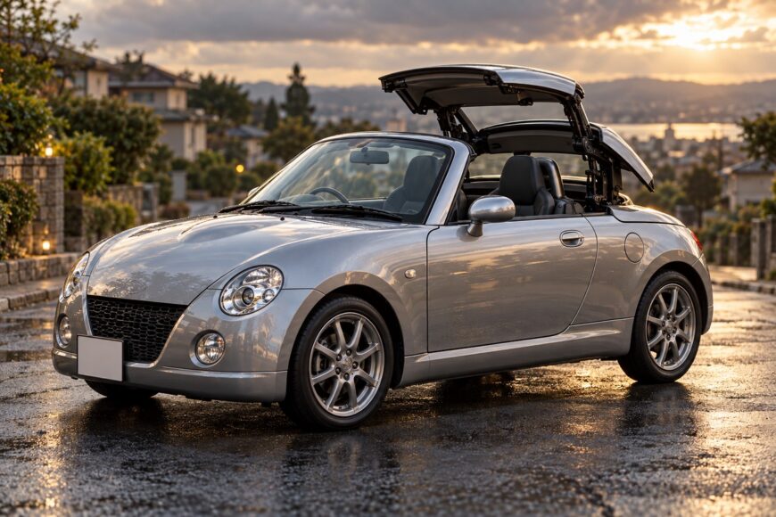 Silver Daihatsu Copen kei car parked on a wet residential street at sunset with its folding hardtop roof opening