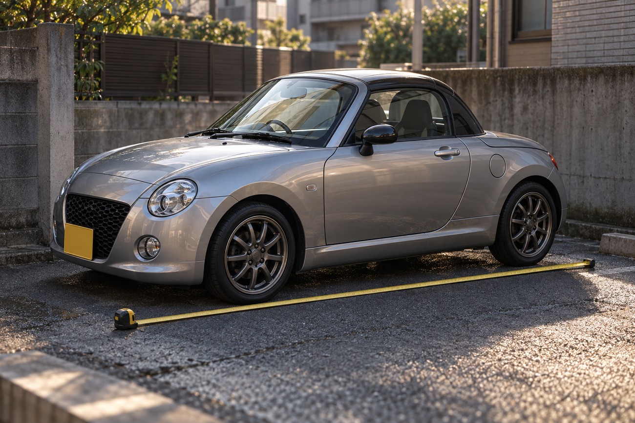 A silver Daihatsu Copen kei car parked in a lot with a yellow measuring tape along the ground