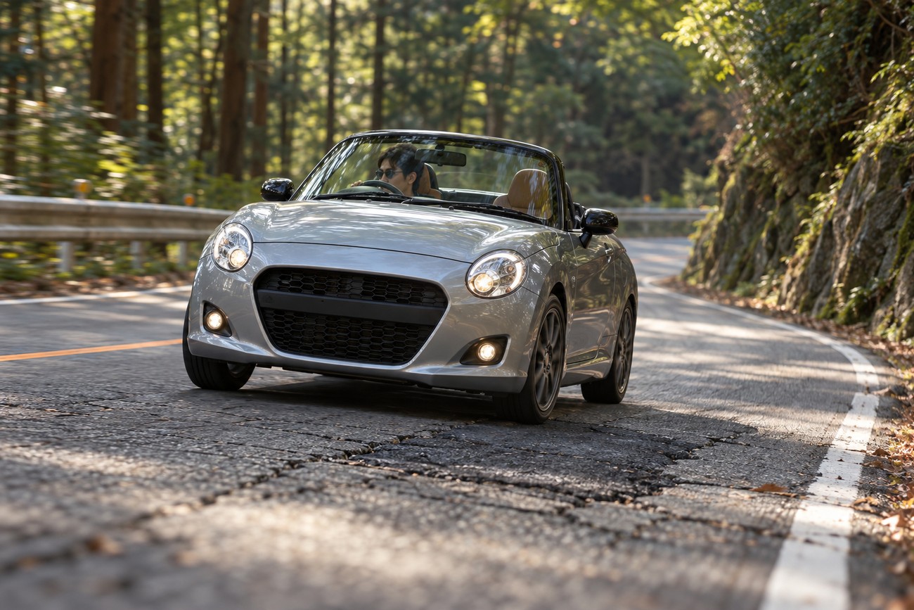 Silver Daihatsu Copen convertible driving on a winding road through a sunlit forest