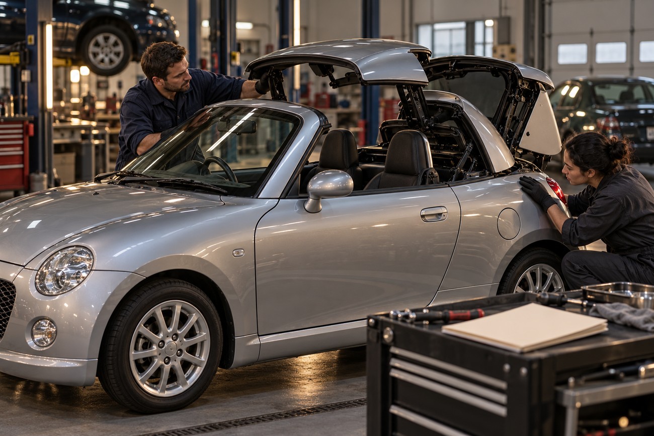 Two mechanics in a garage inspecting the folding hardtop mechanism of a silver Daihatsu Copen convertible