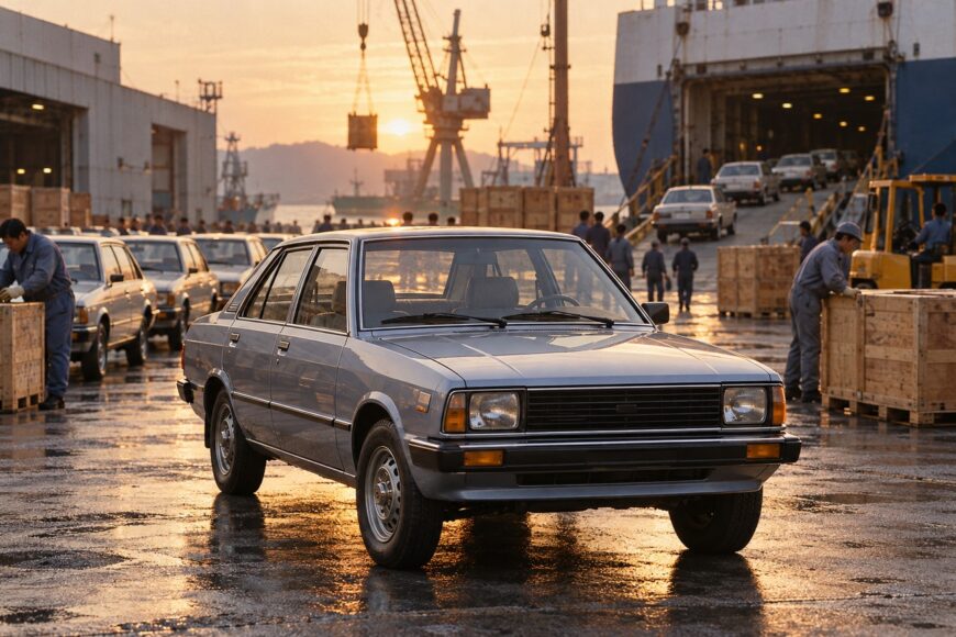 A silver Hyundai Pony sedan parked at a busy industrial port during sunset with cargo ships and workers loading wooden crates